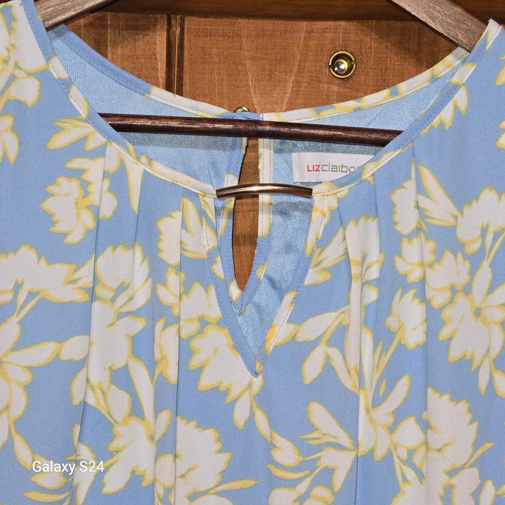 Liz Claiborne Floral Sleeveless Blouse Blue Yellow Keyhole Metal Bar Top Large
